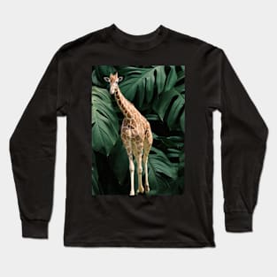 Long Necked Giraffe Surrounded by Green Leaves Long Sleeve T-Shirt